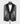 A luxurious grey tuxedo with heavy black stone embellishments on the jacket, featuring a black shawl lapel, a white dress shirt, and a black bow tie. The ensemble includes a matching vest and trousers, presenting a formal three-piece suit.