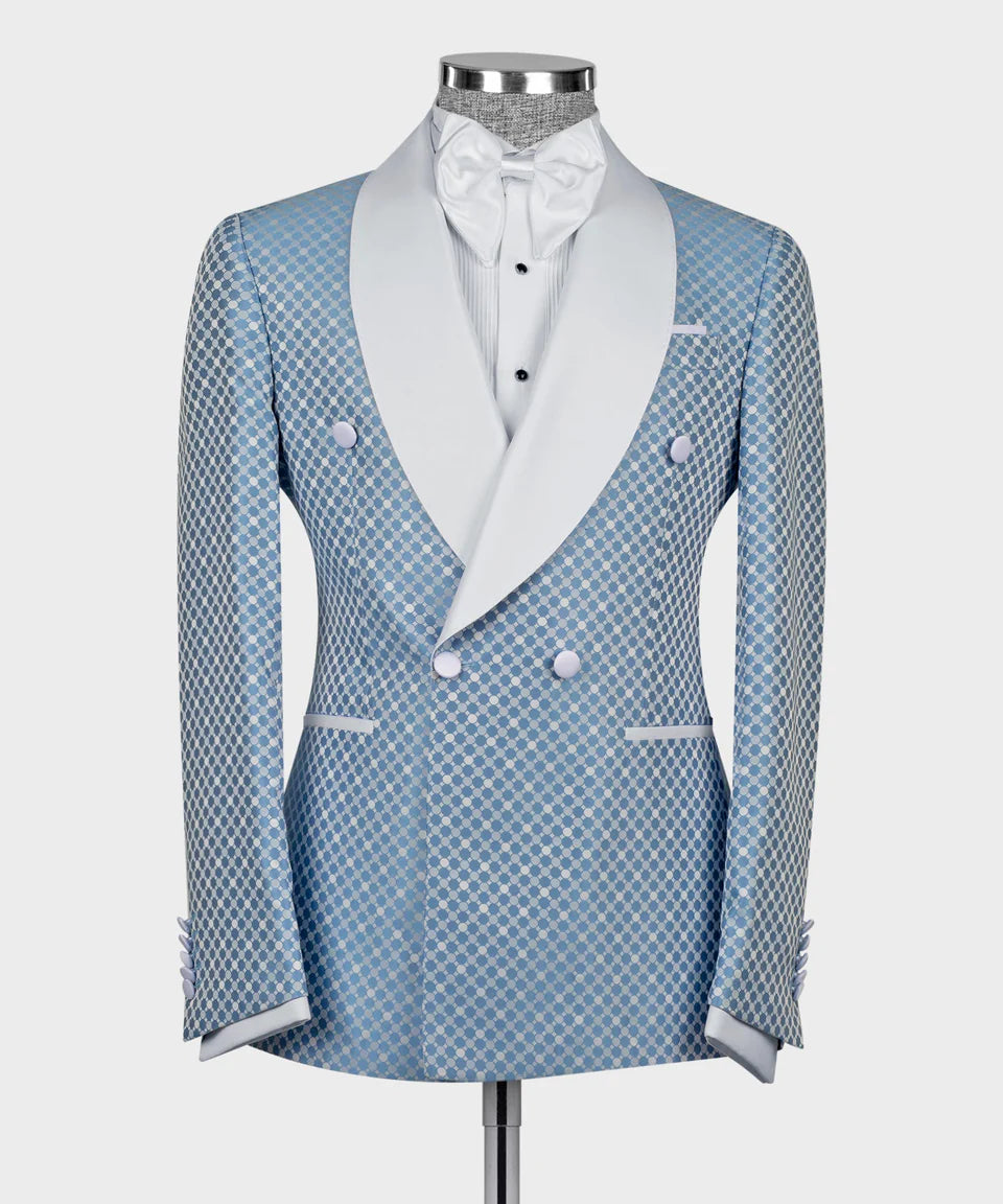 Traje cruzado elegante de jacquard azul cielo 