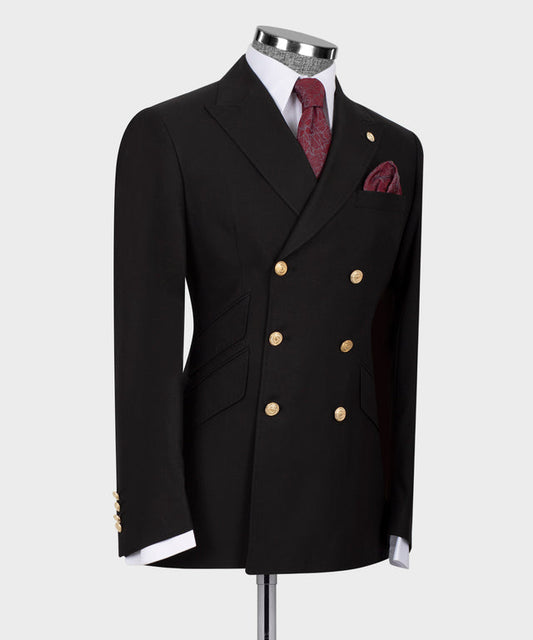Classic Black Double Breasted Suit Jacket with Gold Buttons