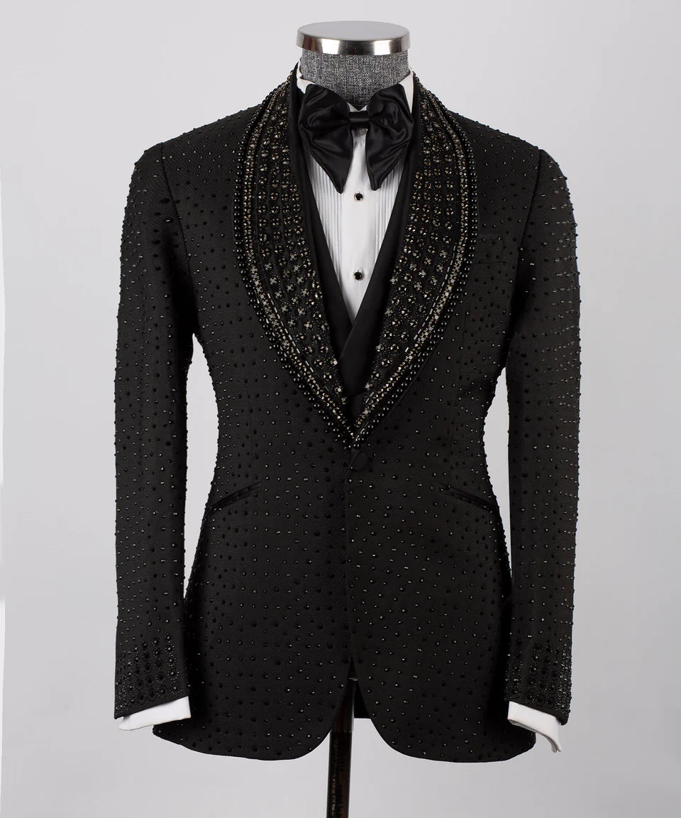 Esmoquin negro con chaqueta y solapa con cristales adornados a mano - Conjunto de 3 piezas | Estilo esmoquin negro 