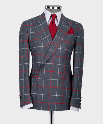 Black Tuxedo Style | Grey Plaid Double Breasted Suit with Red Stripes