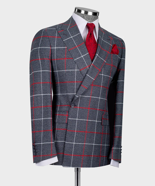 Black Tuxedo Style | Grey Plaid Double Breasted Suit with Red Stripes