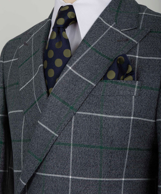 Black Tuxedo Style | Grey Plaid Double Breasted Suit with Green Stripes