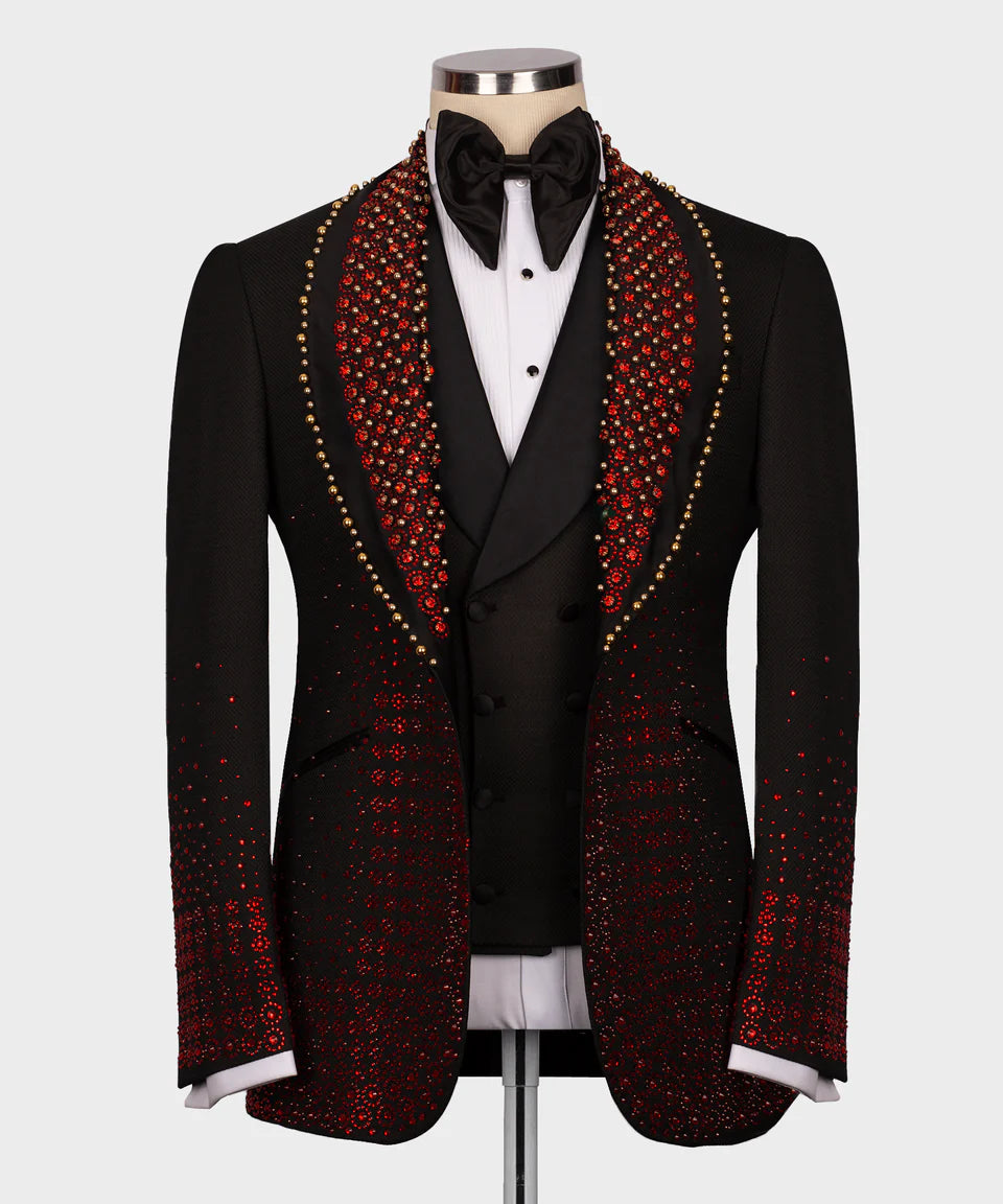 Black Tuxedo Set (3-Piece) with Embellished Red/Gold Lapel & Gradient Red Crystals