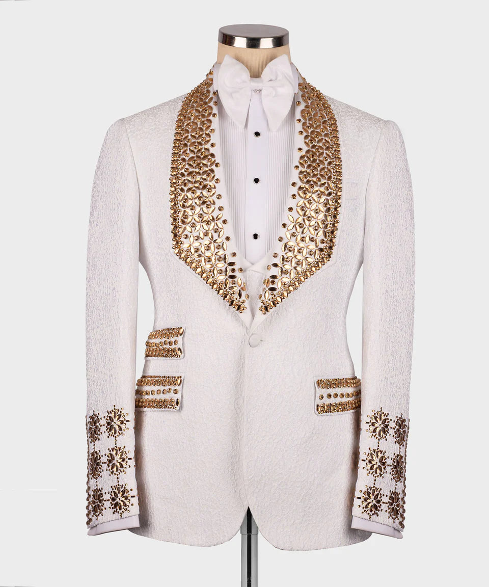 Luxury 3-Piece White Tuxedo Suit with Gold Pattern Embellished Jacket