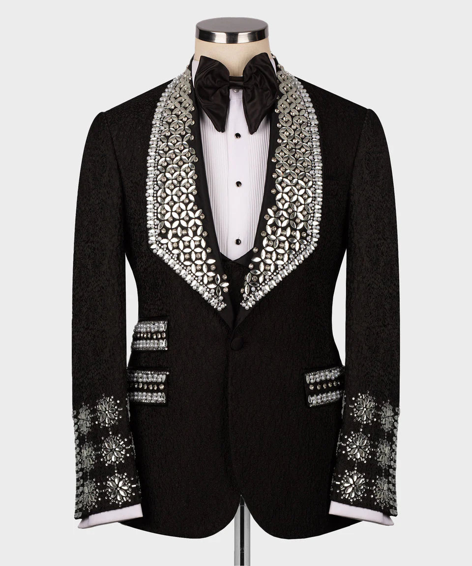 Modern One-Button Black Tuxedo with Silver & Clear Gem Accents