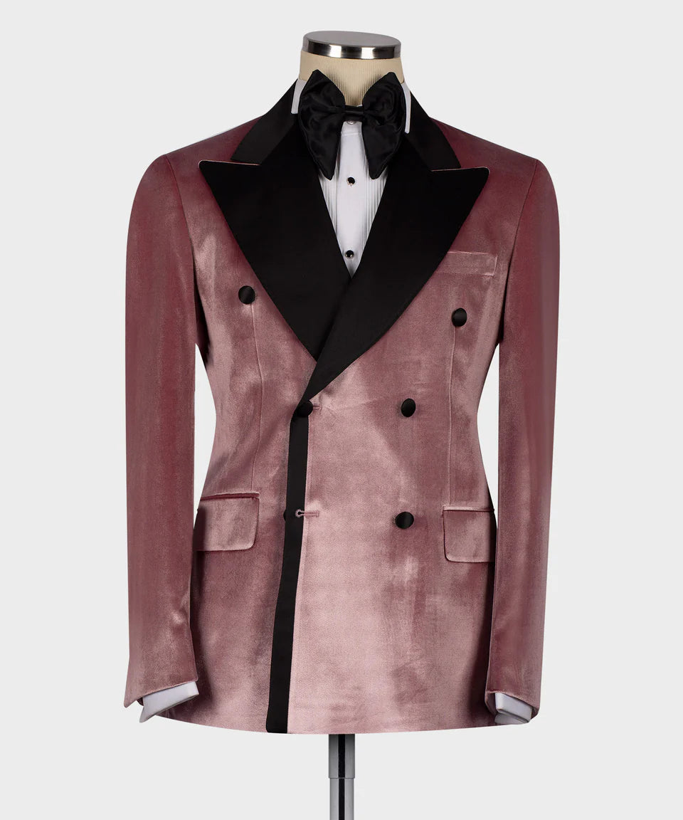 Black Tuxedo Style - Blush Pink Velvet Double Breasted Peaked Lapel Tuxedo Jacket
