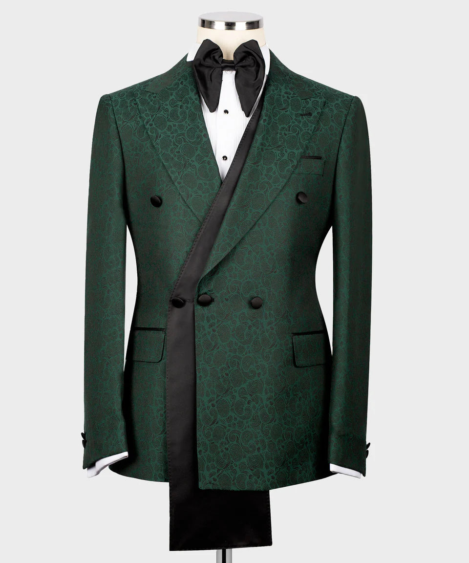 Black Tuxedo Style - Patterned Dark Green Double Breasted Tuxedo Suit with Black Shawl Lapel & Pants