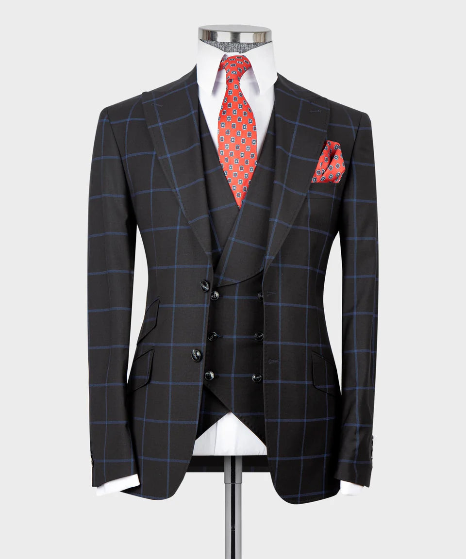 Black Tuxedo Style | Black Plaid Double Breasted Suit ( 3pcs)