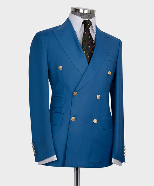 Modern Fit Blue Double Breasted Blazer with Gold-Tone Buttons