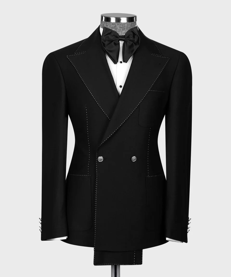 Black Tuxedo Style - Black Textured Double Breasted Tuxedo Jacket with White Stitching