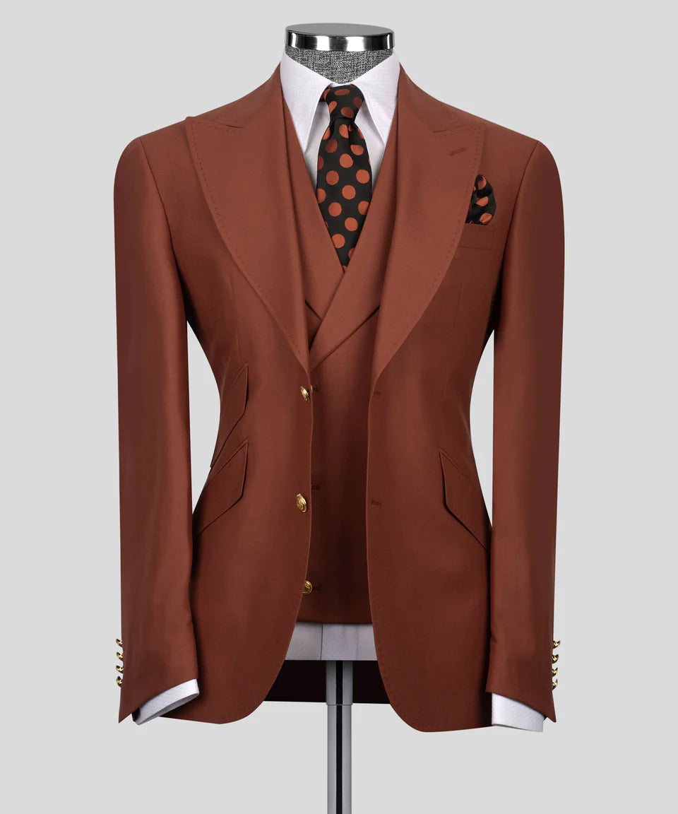 Black Tuxedo Style | Medium Brown 3 Piece Suit with Gold Buttons
