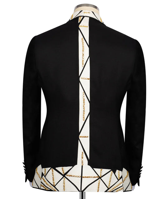 Geometric Patterned Tuxedo with Gold Accents | Black Tuxedo Style
