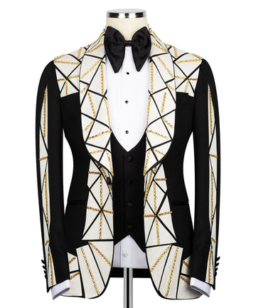 Geometric Patterned Tuxedo with Gold Accents | Black Tuxedo Style
