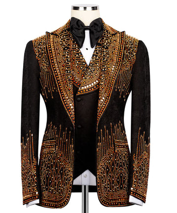 Gold on Black 3pcs Embellished Tuxedo | Black Tuxedo Style