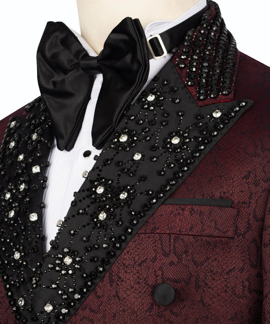 Two-Tone Burgundy & Black Embellished Tuxedo | Black Tuxedo Style
