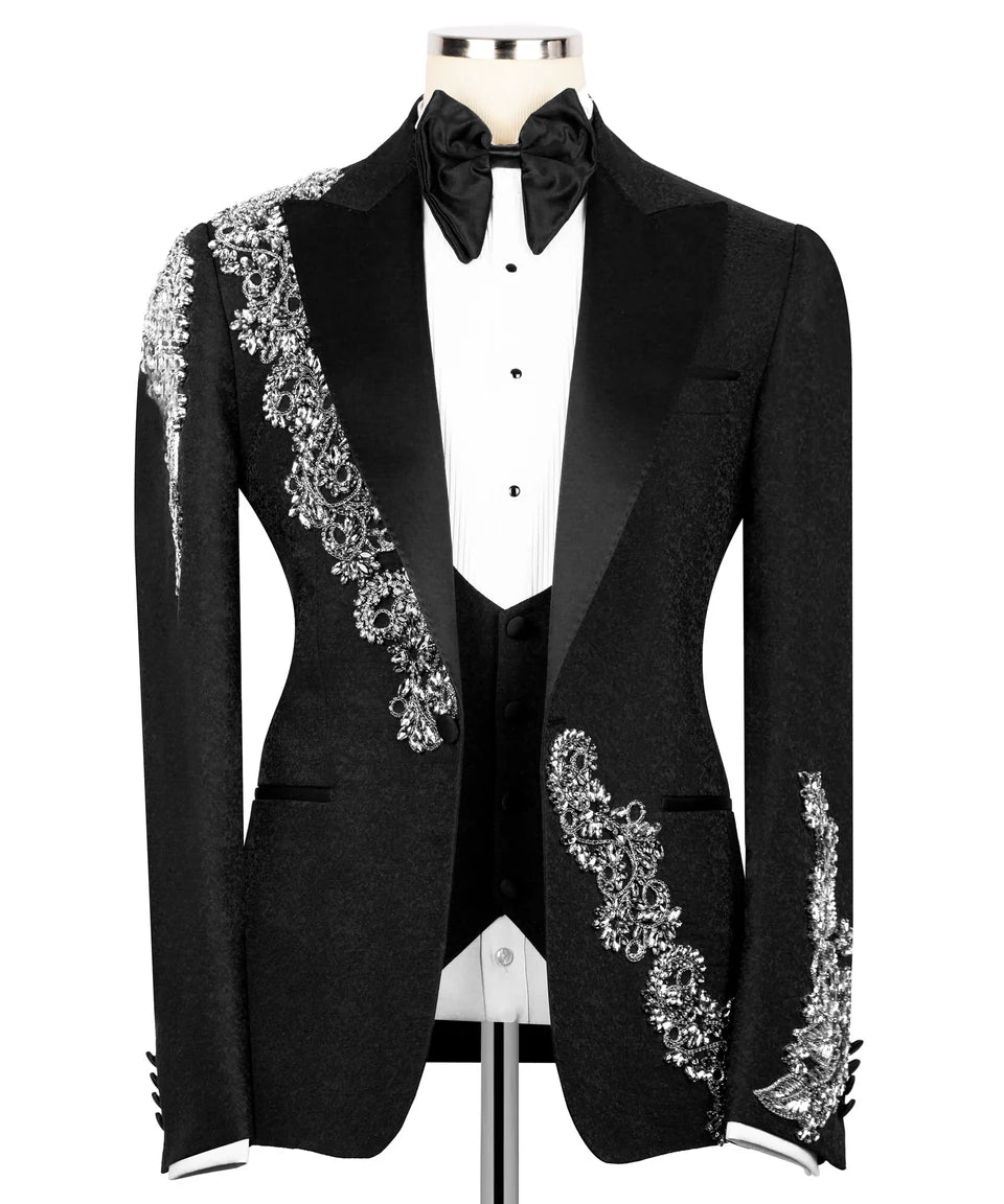 Black Patterned Tuxedo with Silver Embellishments | Black Tuxedo Style