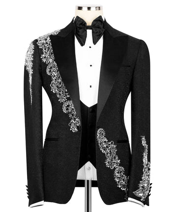 Black Patterned Tuxedo with Silver Embellishments | Black Tuxedo Style
