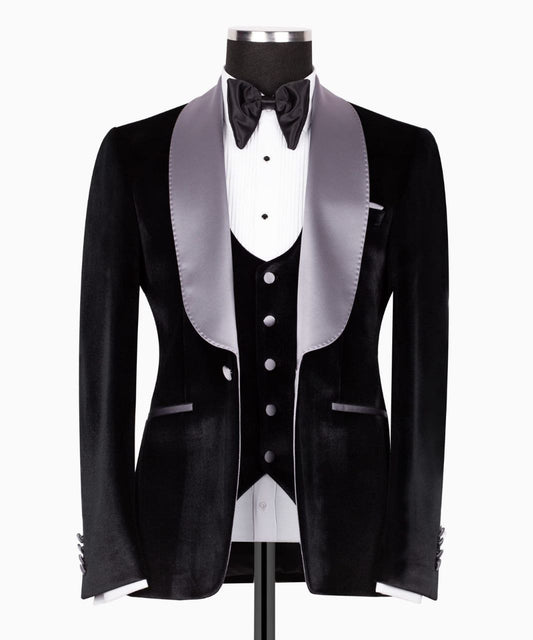 Silver Shawl Lapel Velvet Black Tuxedo